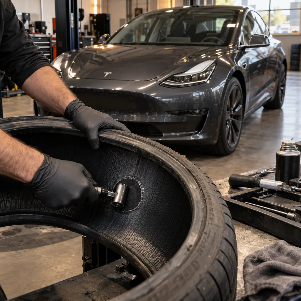 Tesla Model 3 lastiğine, iç köpük açıldıktan sonra içten yama uygulanması (temsili görsel)