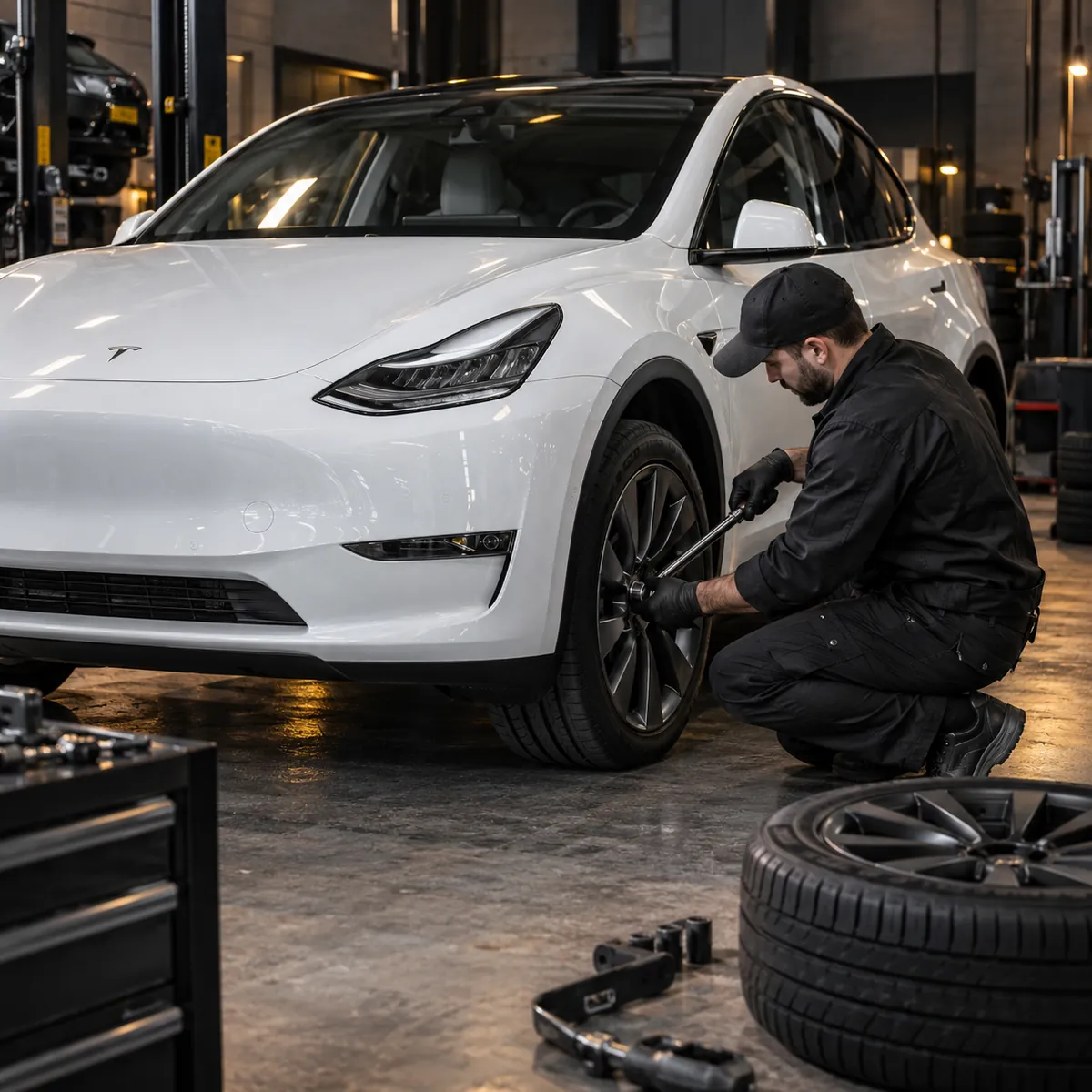 Tesla Model Y'nin kaldırma noktasından kriko takozuyla kaldırılması (temsili görsel)